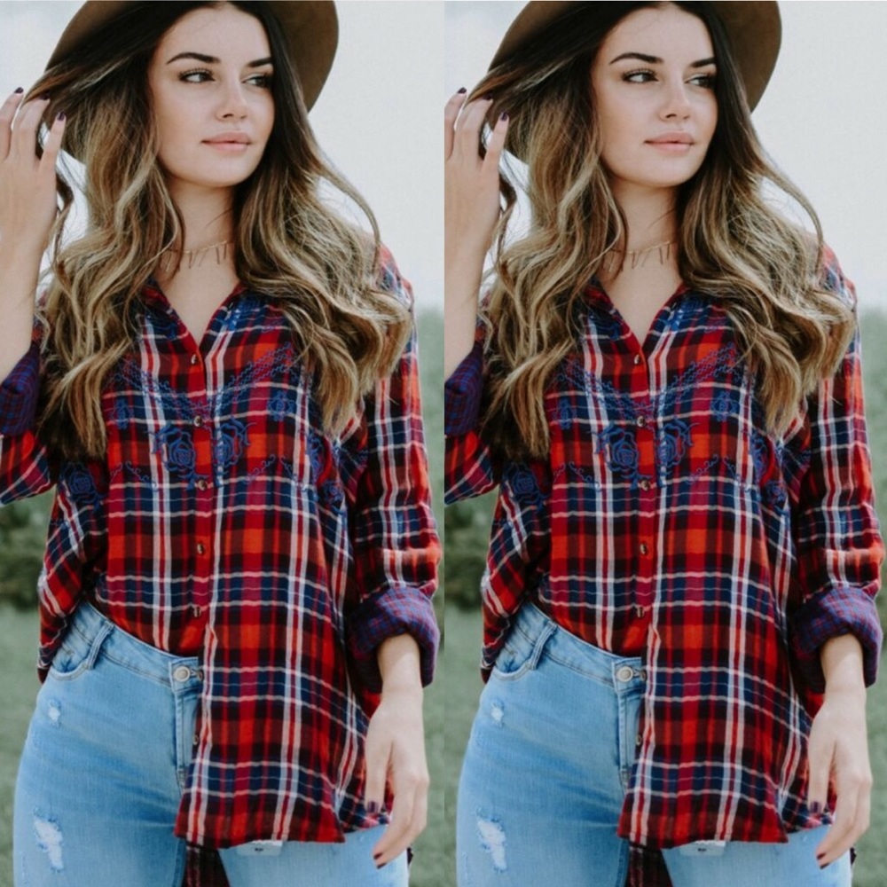 Free People Magical Plaid Embroidered Shirt